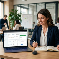 femme travaillant sur un ordinateur portable dans un bureau moderne.