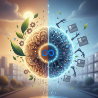 Cerveau bicolore alliant nature, technologie et symbole de l'infini.