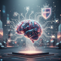 IA protégeant une marque dans une ville futuriste.