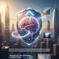 Cerveau futuriste sous un bouclier protecteur dans une ville moderne.