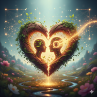 Deux silhouettes se faisant face dans un cœur de racines.