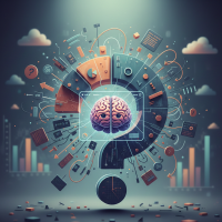 Cerveau central entouré d'un point d'interrogation composé de données et graphiques.