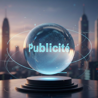 Sphère de cristal affichant le mot « Publicité » sur fond urbain.