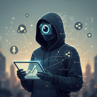 Silhouette technologique analysant des données de réseaux sociaux sur tablette.