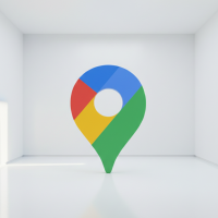 Icône Google Maps géante flottant dans une pièce blanche minimaliste.