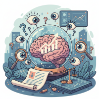 Illustration d'un cerveau sous cloche entouré d'yeux, de loupes et d'une balance.