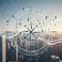 Boussole numérique holographique guidant des silhouettes humaines vers une ville.