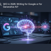 Cerveau holographique connecté à un écran affichant des données SEO et le logo Google.