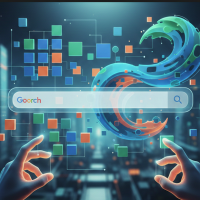 Interface numérique futuriste avec barre de recherche et cubes flottants.