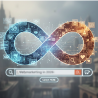 Symbole de l'infini technologique surplombant une barre de recherche « Webmarketing in 2026 ».