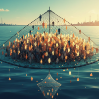 Filet de pêche géant capturant une foule au-dessus de l'océan.