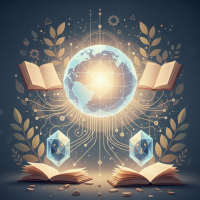 Planète Terre lumineuse connectée à des livres ouverts et cristaux.