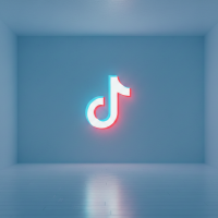 Logo TikTok lumineux sur un mur dans une pièce épurée.