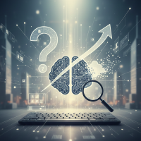 Cerveau numérique, flèche ascendante et loupe sur un clavier.