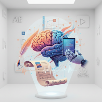 Cerveau holographique mêlant créativité et intelligence artificielle dans une galerie blanche.