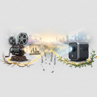 Projecteur moderne libérant une famille des chaînes du passé cinématographique.