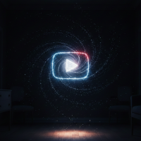icône youtube lumineuse au centre d'une galaxie étincelante.