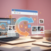 interface de reciblage publicitaire avec flèches circulaires et cookies.