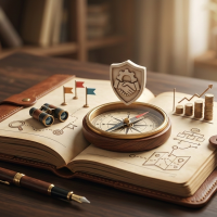 livre ouvert avec boussole, graphiques et icône de bidding sécurisé.