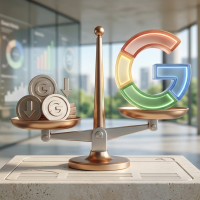 logo google 3d sur une balance face à des pièces.
