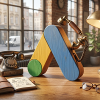 logo google ads en bois intégrant un combiné de téléphone rétro.