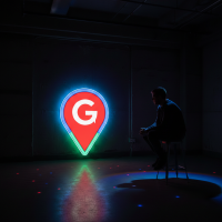logo google maps lumineux éclairant un homme dans l'obscurité.