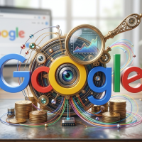 logo google stylisé façon steampunk avec loupe, rouages et pièces.