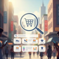 loupe sur un panier d'achat flottant dans une rue.