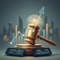 marteau de juge avec cerveau lumineux et graphiques boursiers.