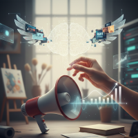 mégaphone diffusant des graphiques vers un cerveau ailé numérique.