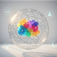 nuage coloré dans une sphère géométrique avec icônes connectées.