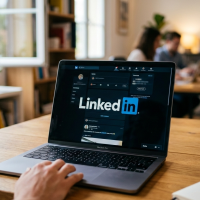 ordinateur portable affichant linkedin sur un bureau en bois.