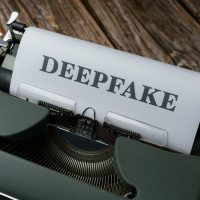Machine à écrire avec le mot "DEEPFAKE" sur papier