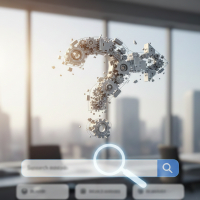 point d'interrogation en engrenages flottant au dessus d'une barre de recherche.