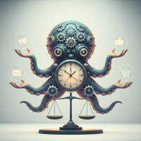 poulpe mécanique avec horloge, balance et icônes de marketing.