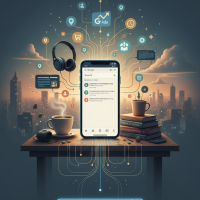 smartphone connecté diffusant des icônes numériques au dessus d'un bureau.