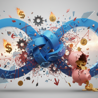 symbole infini bleu brisé avec pièces et tirelires éclatées.