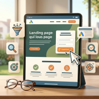 tablette illustrant une landing page avec des icônes marketing.