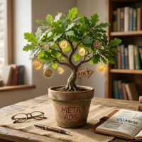 un arbre aux pièces d'or dans un pot « meta ads ».